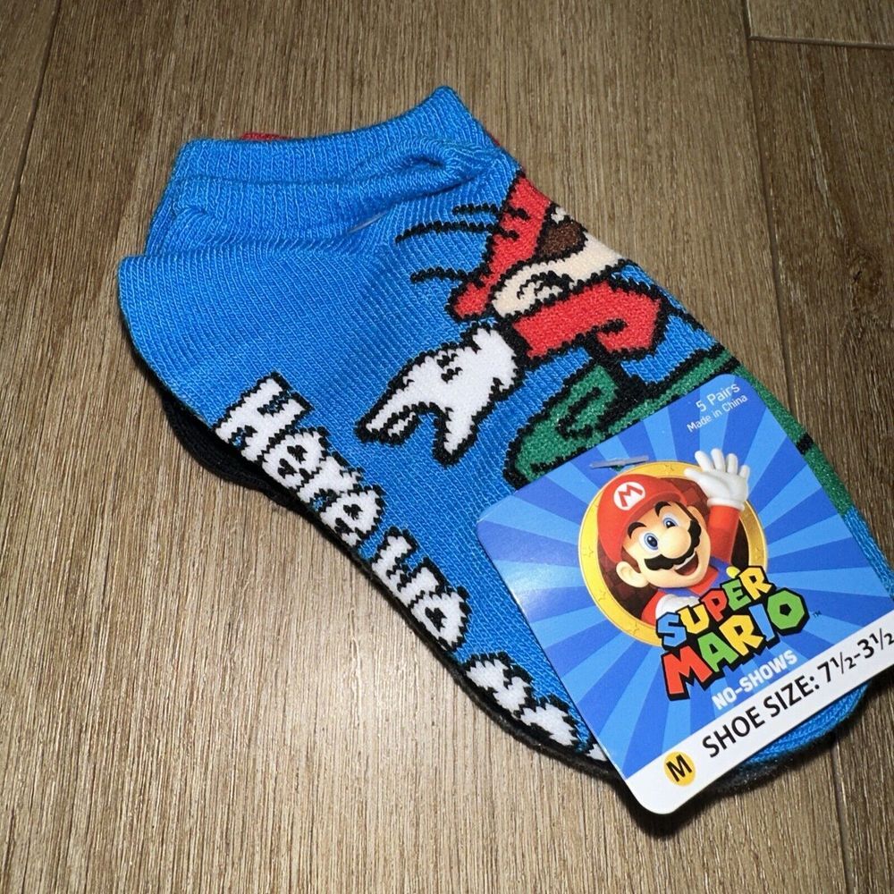 SUPER MARIO BROS NINTENDO 5-Pack No Show Socks Kids Shoe Size 7.5-3.5 Colorful‎